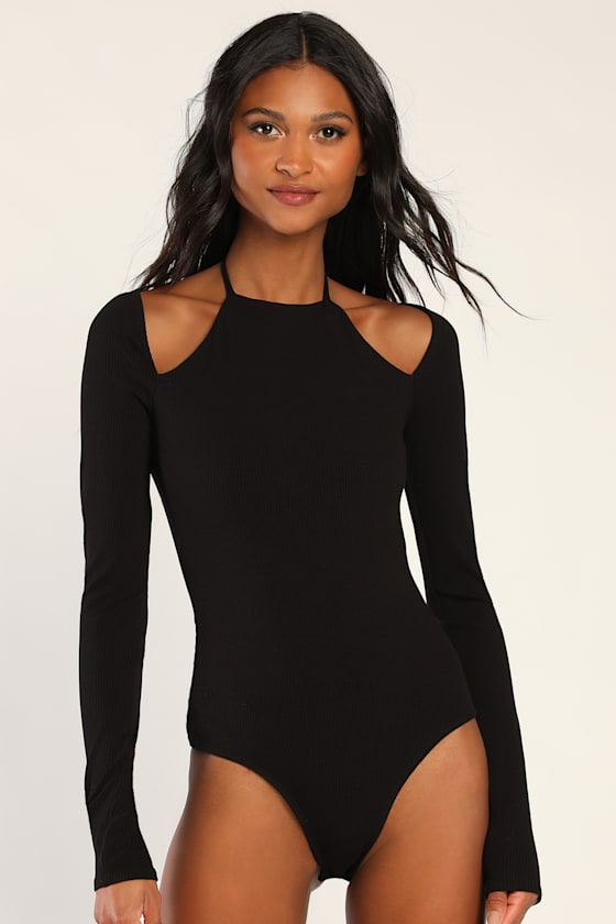 Cutie O'Clock Black Ribbed Knit Long Sleeve Halter Neck Bodysuit 4