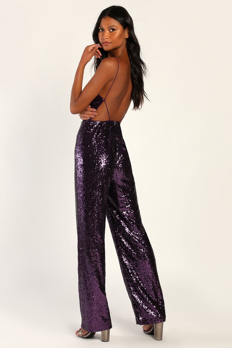Purple Sequin Jumpsuit - Backless Jumpsuit - Disco Jumpsuit - Lulus