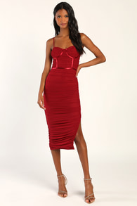 Easily Infatuated Wine Red Mesh Bustier Bodycon Midi Dress