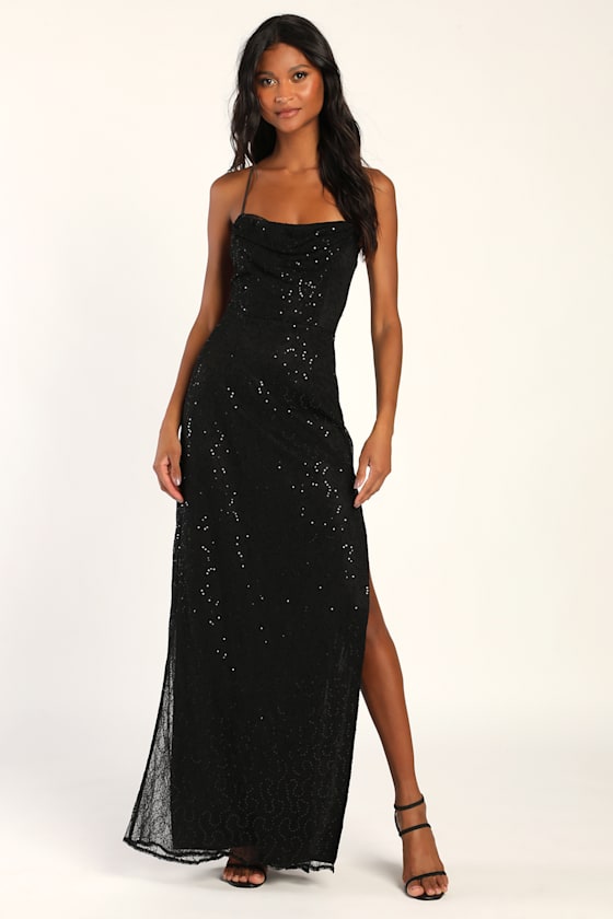 Midnight Stunner Black Sequin Cowl Neck Lace-Up Maxi Dress 2
