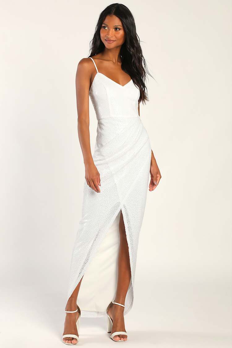 white wrap bodycon dress Sequin - Sequin Formal Dress - Sequin Maxi Dress Level of stretch Menâs Light Jackets mini a line dress SIZE:8 Balloon sleeves