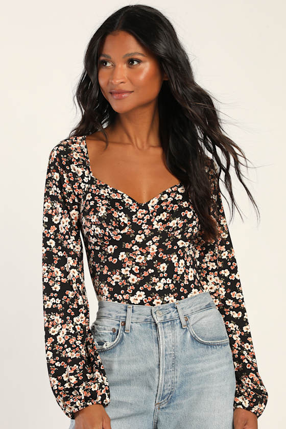 Baby Blossom Black Floral Print Long Sleeve Bodysuit 2