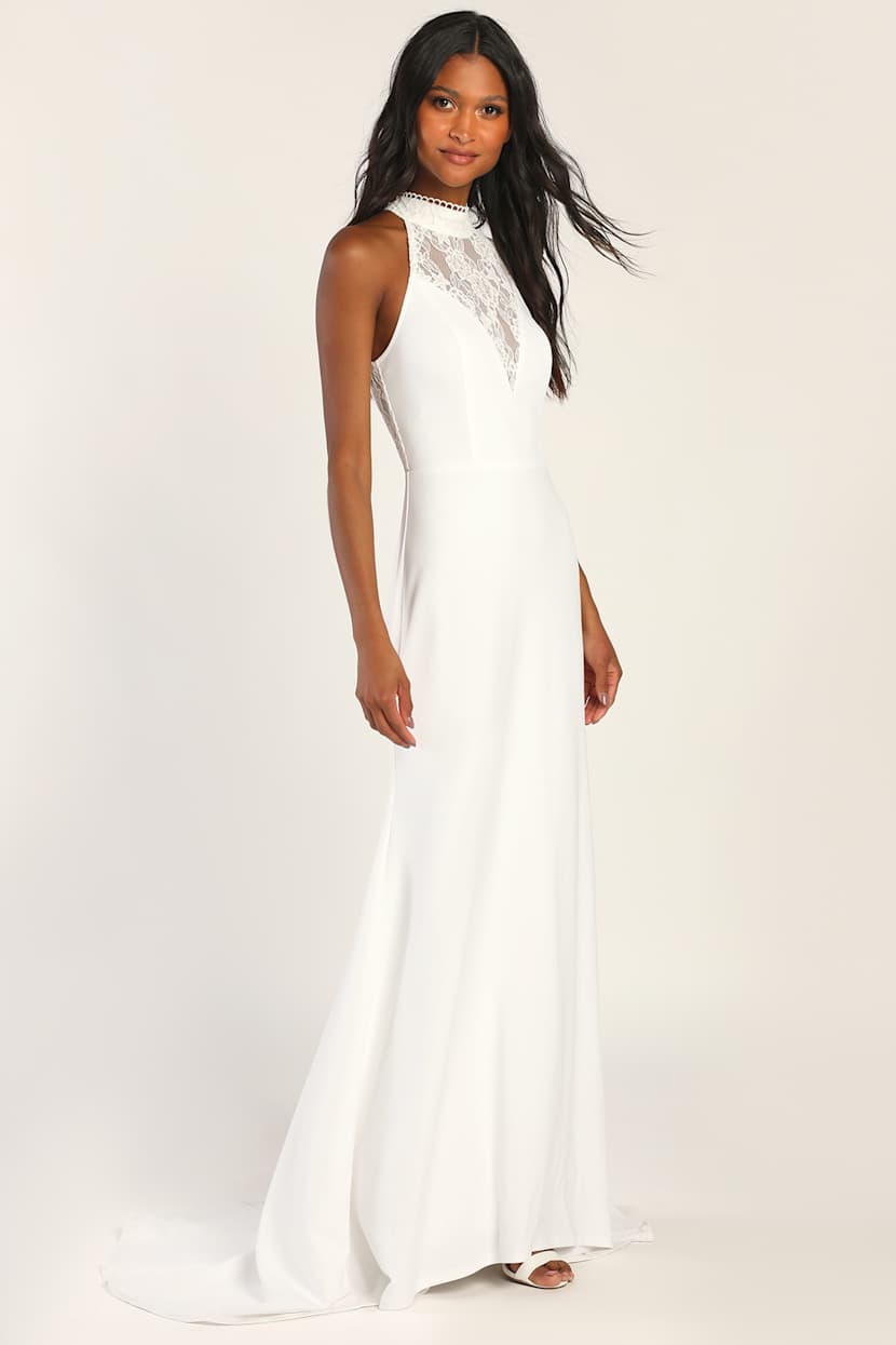 Cherished Love Story White Lace Halter Mermaid Maxi Dress
