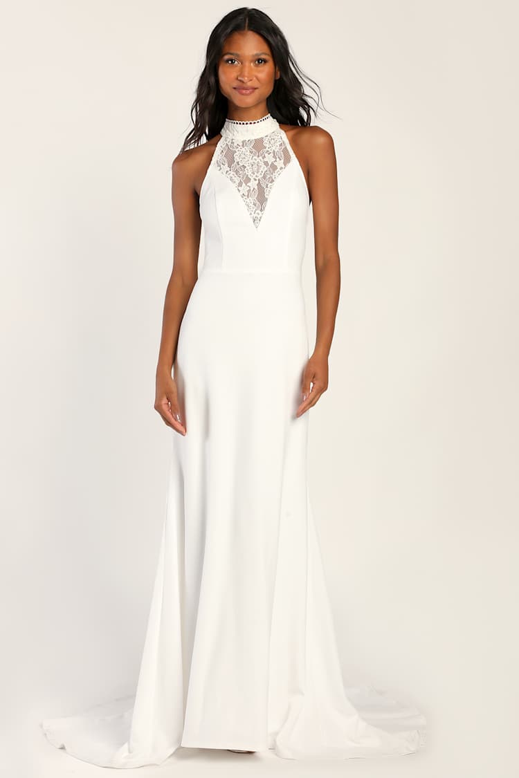 Cherished Love Story White Lace Halter Mermaid Maxi Dress