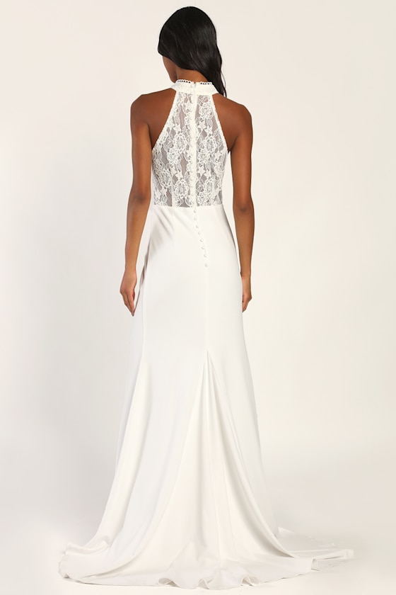 Cherished Love Story White Lace Halter Mermaid Maxi Dress 4