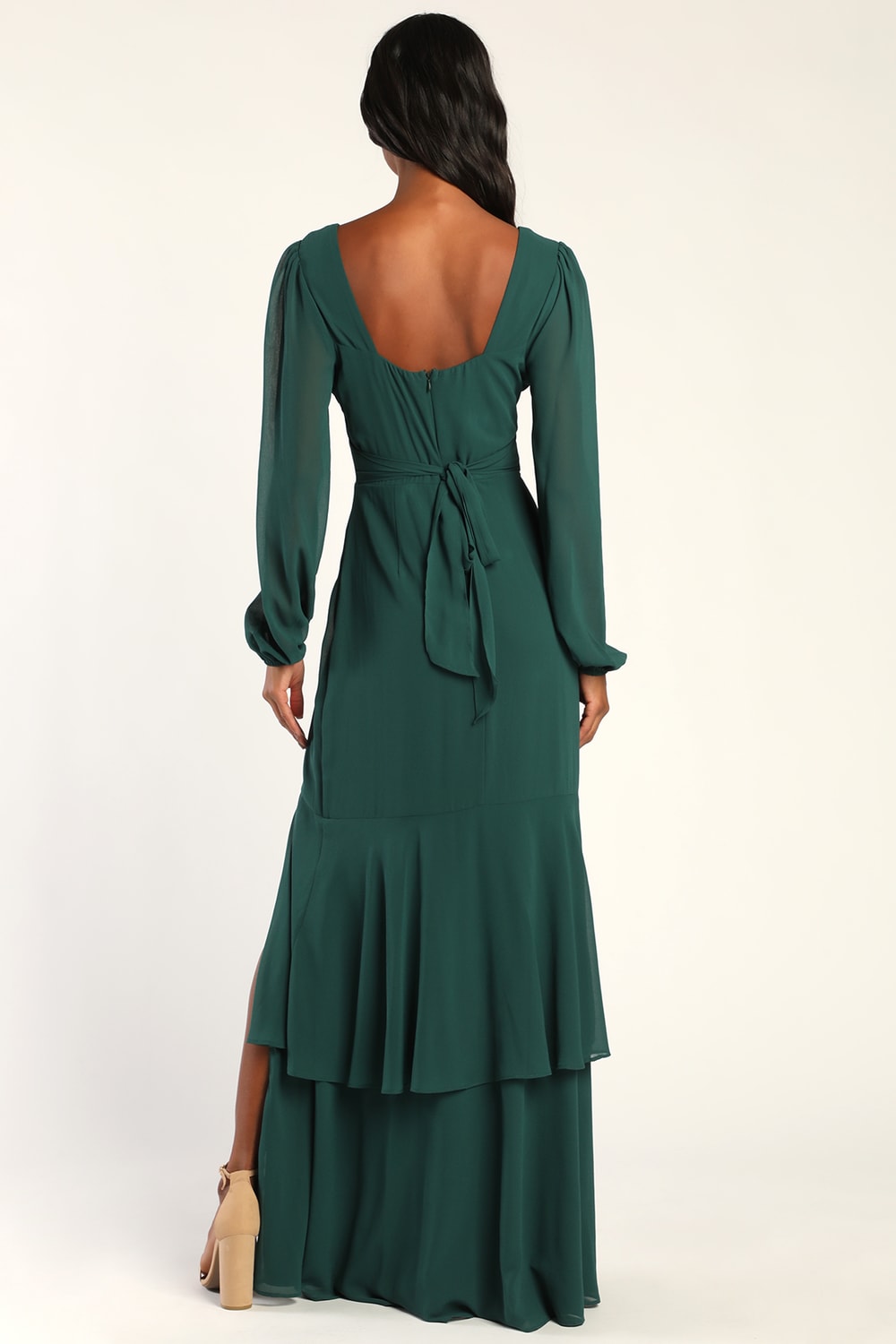 Tier Elegance Hunter Green Long Sleeve Tiered Maxi Dress