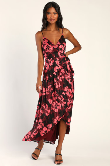 Winning Your Heart Burgundy Floral Lurex Wrap Midi Dress