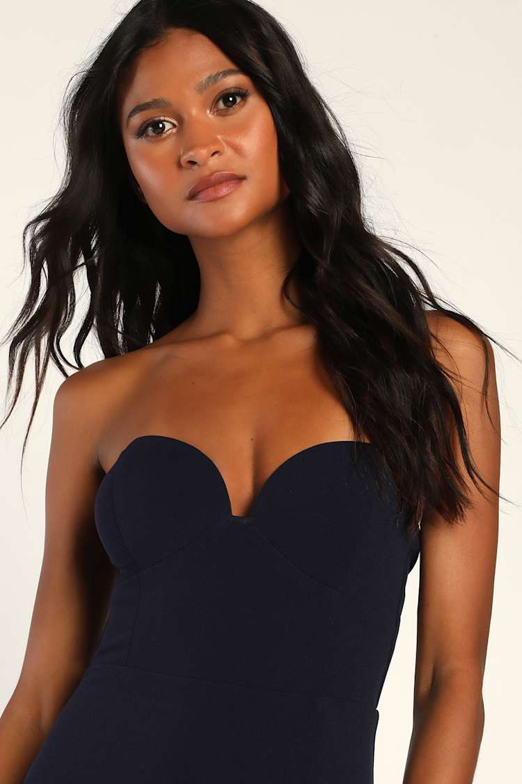 navy blue strapless mermaid dress Navy Blue Lace V-neck Off The Shoulder Mermaid Prom Dresses