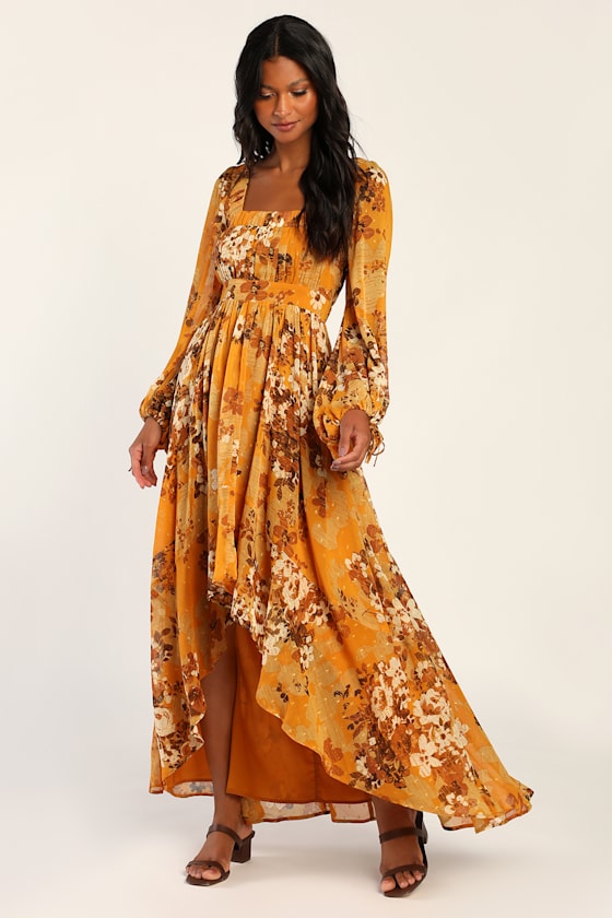 Yellow Floral Dress - High-Low Maxi Dress - Long Sleeve Dress - Lulus