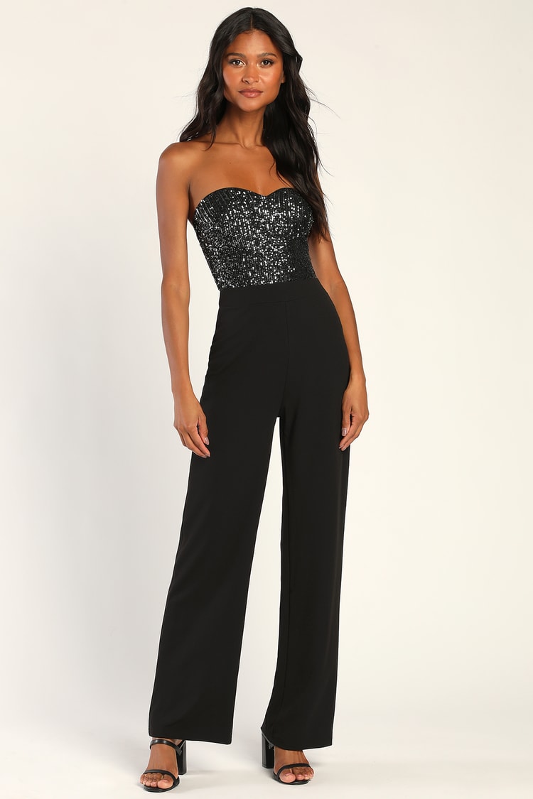 Cute Black Jumpsuit - Strapless Jumpsuit- Sequin Jumpsuit - Lulus