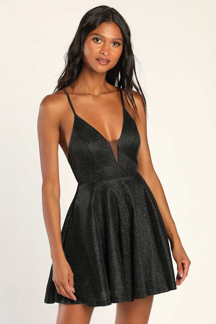 mini skater dress black Wilder | Black Embellished Square-Neck Long-Sleeve Skater Mini Dress main image 0