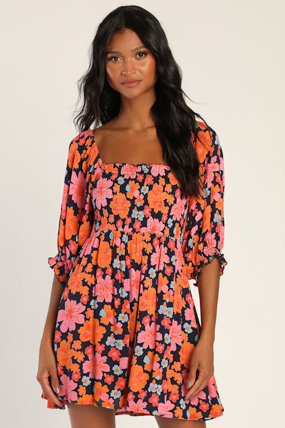 Blue Floral Print Dress - Skater Mini Dress - Puff Sleeve Dress - Lulus