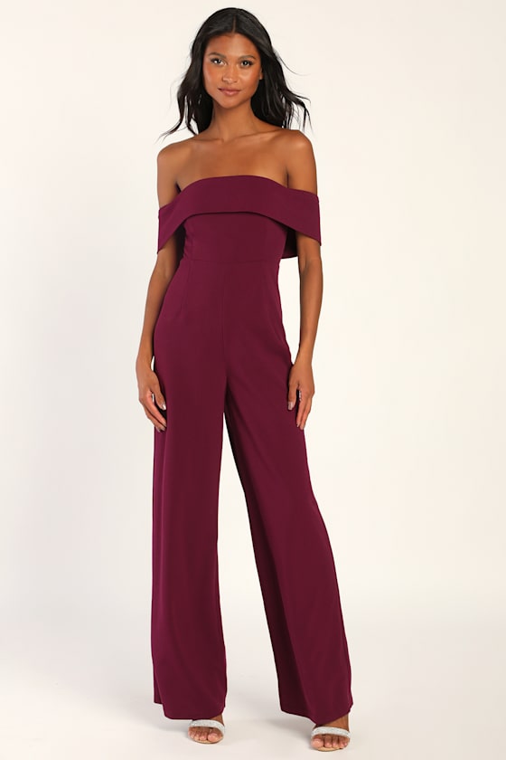 Purple Jumpsuit OfftheShoulder Jumpsuit WideLeg Jumpsuit Lulus