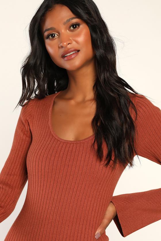 Autumn Mornings Rust Brown Ribbed Knit Long Sleeve Midi Dress 3