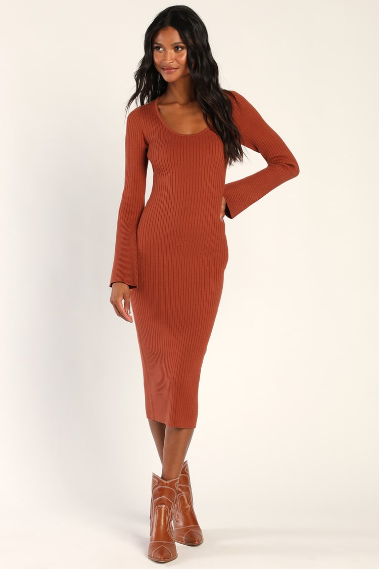 Autumn Mornings Rust Brown Ribbed Knit Midi Sweater Dress