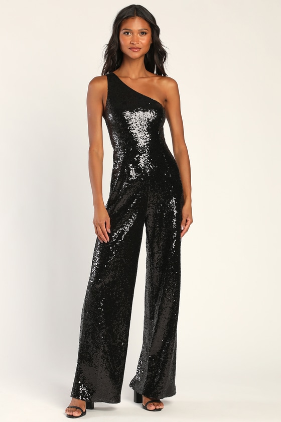 Black Sequin Jumpsuit - One-Shoulder Jumpsuit - Party Jumpsuit - Lulus