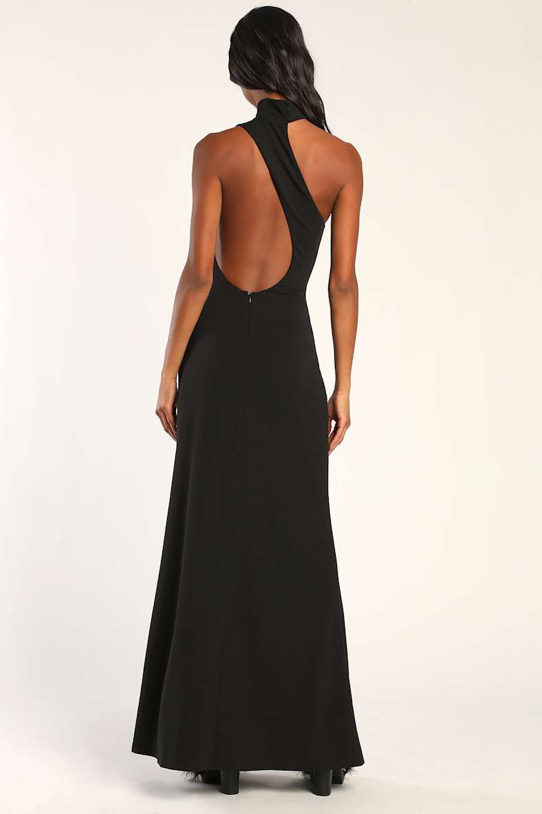 Keep It Interesting Black Asymmetrical Cutout Halter Maxi Dress