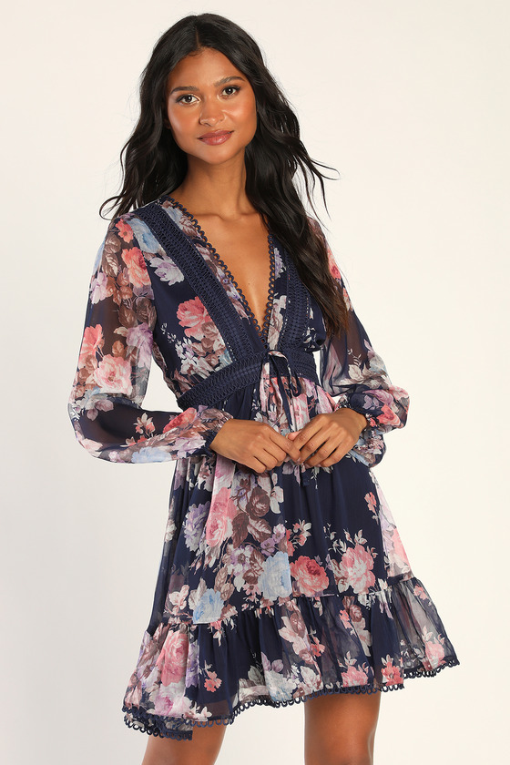 Dark Blue Mini Dress - Floral Dress - Long Sleeve Mini Dress - Lulus