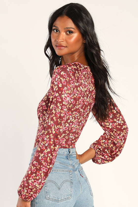 Baby Blossom Burgundy Floral Print Long Sleeve Bodysuit 5