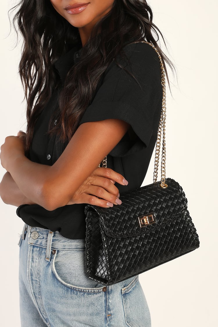 Black Leather-Look Quilted Chain Strap Cross Body Bag