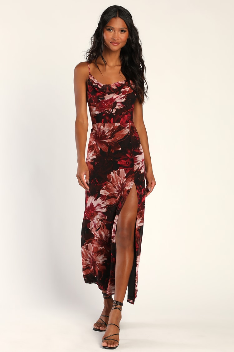Burgundy Floral Midi Dress - Cowl Neck Dress - Floral Cowl Dress - Lulus