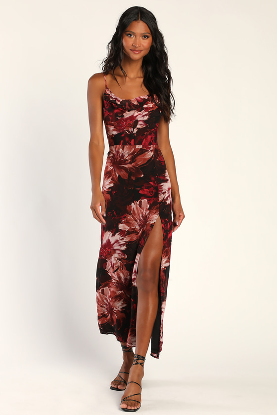 Burgundy Floral Midi Dress - Cowl Neck Dress - Floral Cowl Dress - Lulus