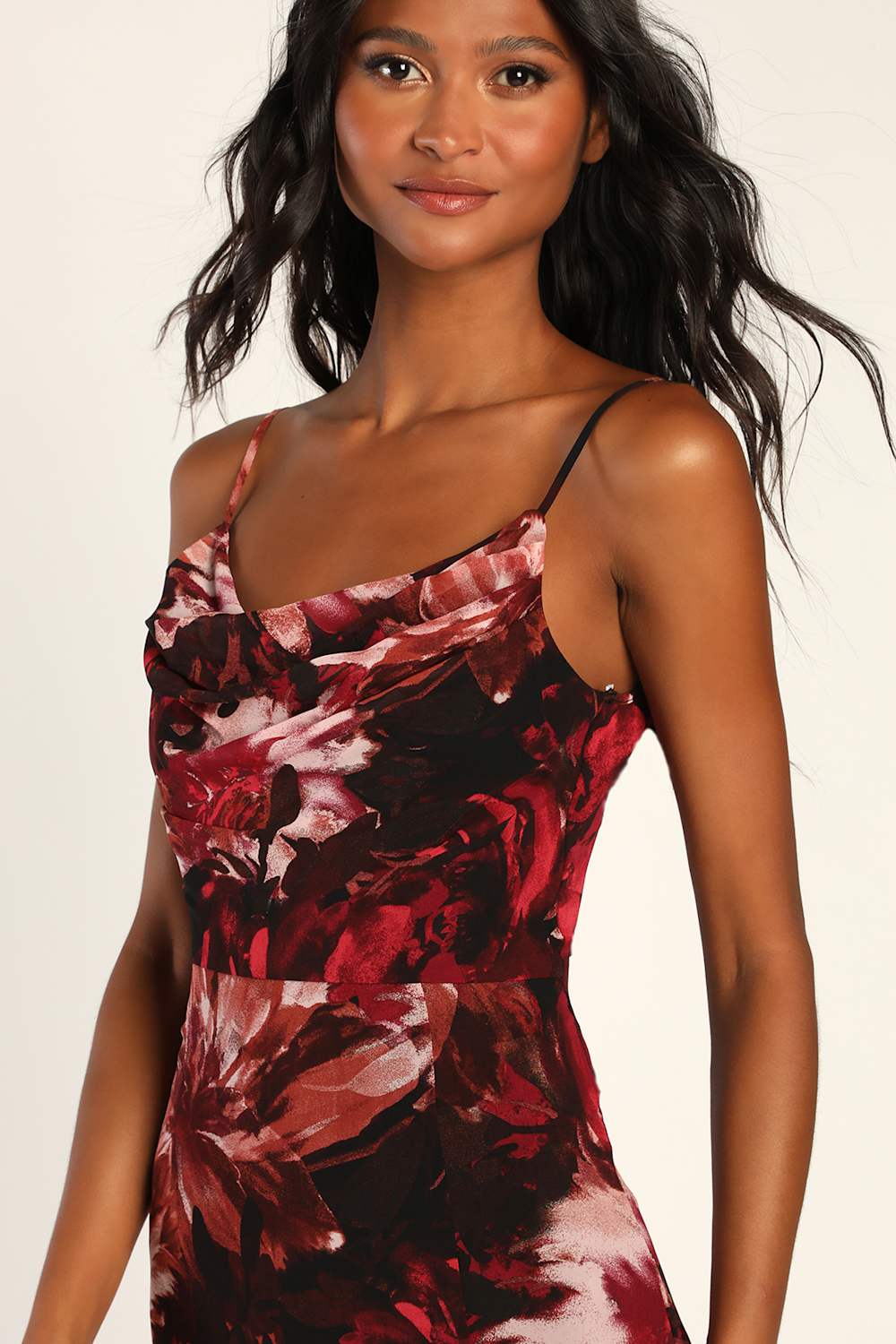 Flowery Passion Burgundy Floral Print Cowl Neck Midi Dress