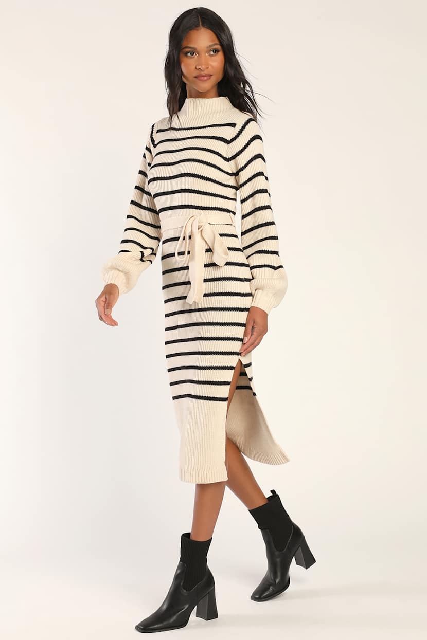 mock neck bodycon sweater dress Eco-Knit Ribbed Mock Neck Sweater Dress in Warm Taupe