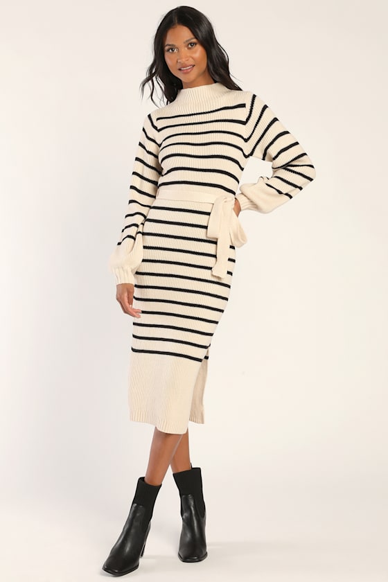 Stripe Things Up Cream Striped Mock Neck Bodycon Sweater Dress 5