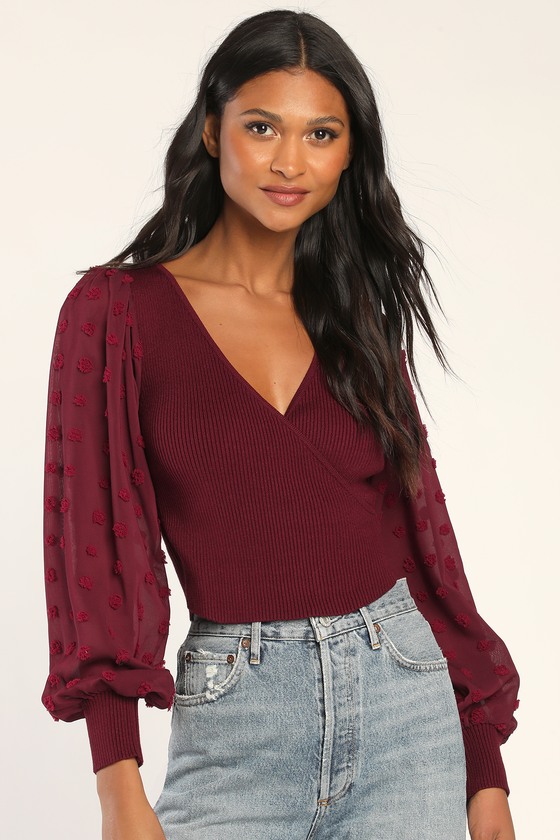 Burgundy Ribbed Top - Balloon Sleeve Top - Black Swiss Dot Top - Lulus