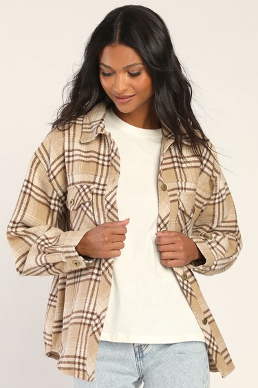 Rustic Romantic Beige and Brown Plaid Oversized Shacket