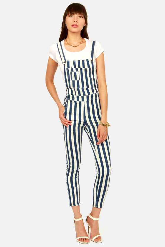 green and white striped overalls