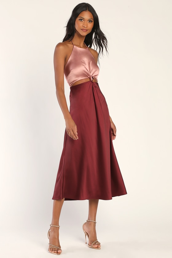 Lulus Icon Update Burgundy Color Block Knotted Halter Midi Dress