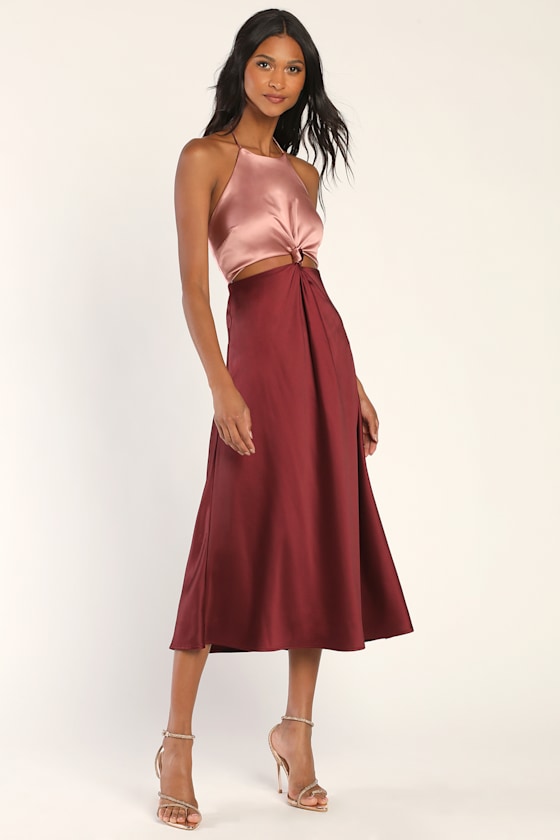 Icon Update Burgundy Color Block Knotted Halter Midi Dress 1
