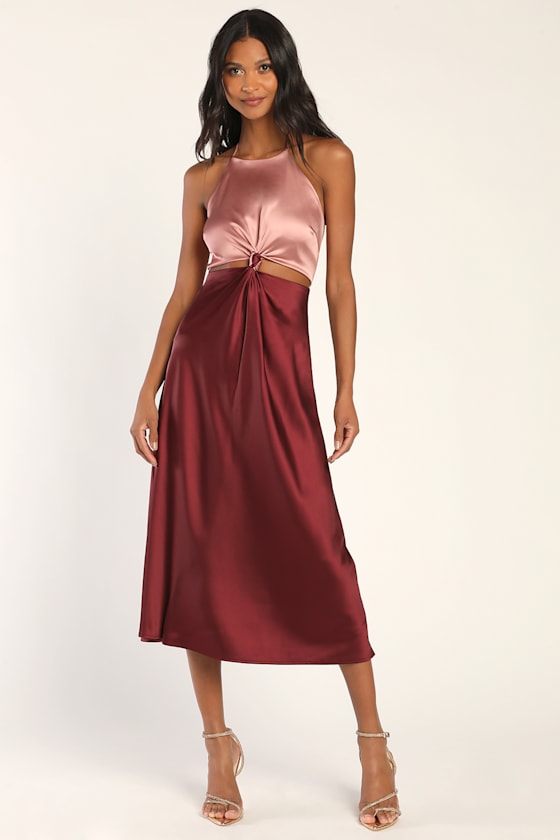 Icon Update Burgundy Color Block Knotted Halter Midi Dress 5