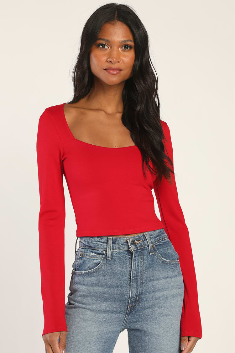 Always Effortless Red Long Sleeve Crop Top