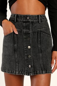 Real Babe Black High Waisted Button-Up Denim Mini Skirt