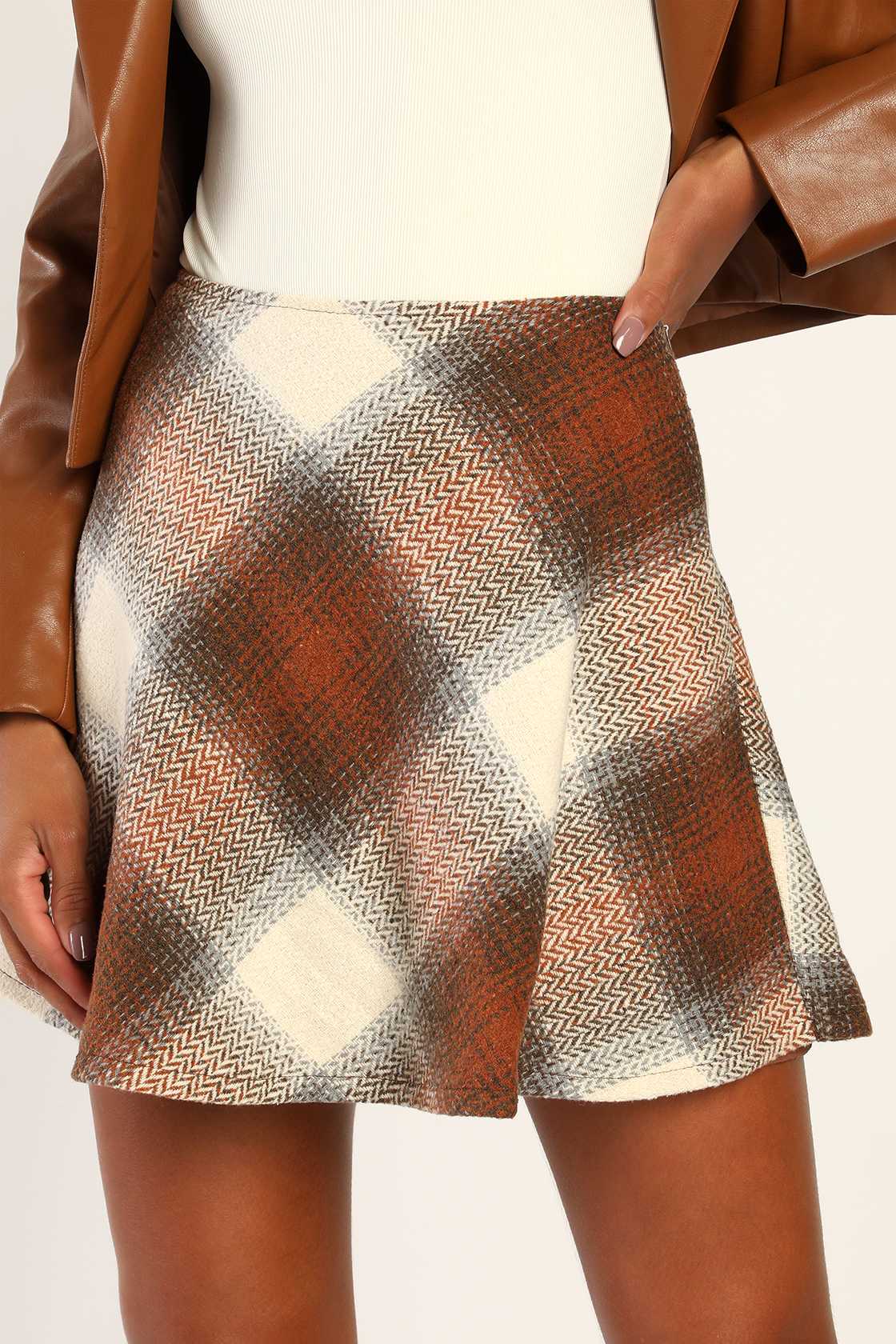 Plaid You Asked Ivory and Brown Plaid Skater Mini Skirt