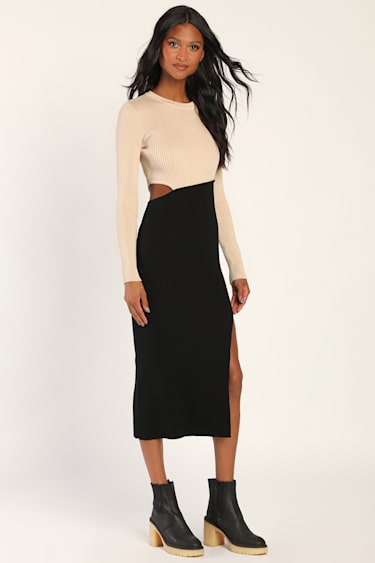Beige and Black Color Block Cutout Sweater Dress | Womens | XX-Small (Available in M, L) | Lulus | Holiday Dresses Beige and Black Color Block Cutout Sweater Dress | Womens | XX-Small (Available in M, L) | Lulus | Holiday Dresses