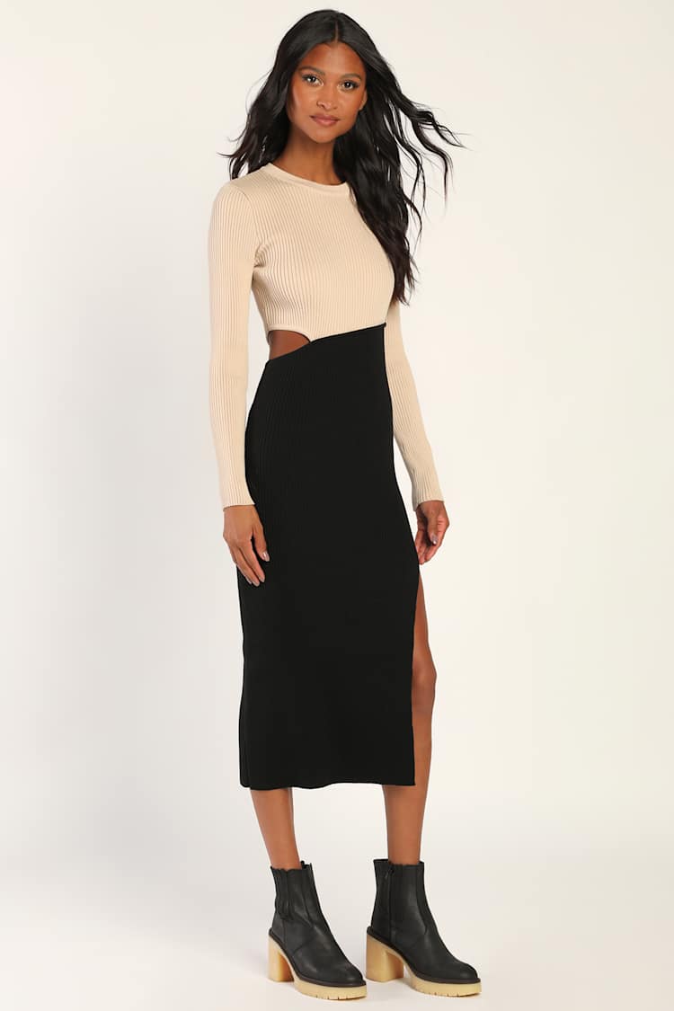 Beige and Black Color Block Cutout Sweater Dress | Womens | XX-Small (Available in M, L) | Lulus | Holiday Dresses Beige and Black Color Block Cutout Sweater Dress | Womens | XX-Small (Available in M, L) | Lulus | Holiday Dresses