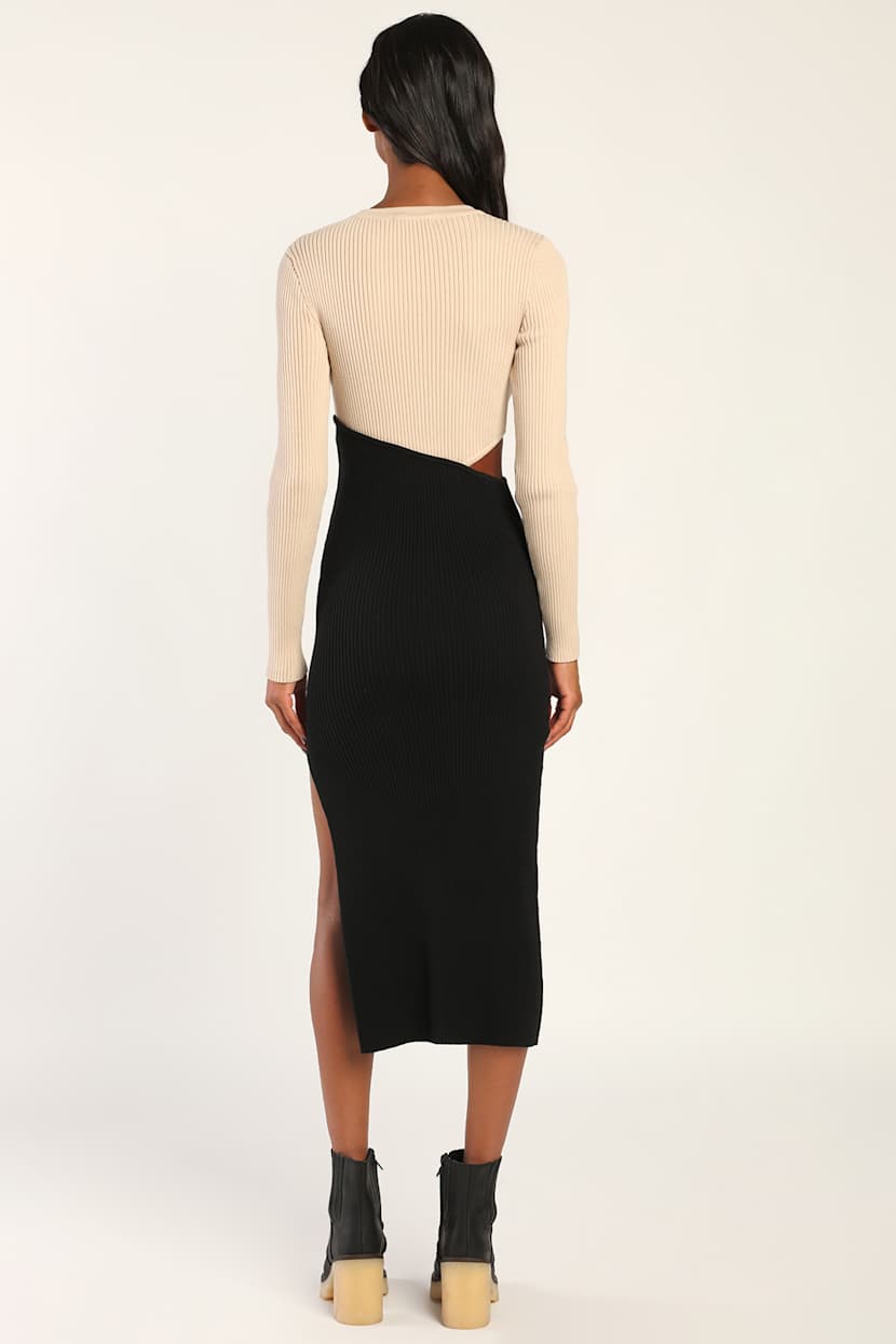 Beige and Black Color Block Cutout Sweater Dress | Womens | XX-Small (Available in M, L) | Lulus | Holiday Dresses Beige and Black Color Block Cutout Sweater Dress | Womens | XX-Small (Available in M, L) | Lulus | Holiday Dresses