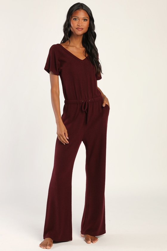 Forever Weekend Burgundy Short Sleeve Wide-Leg Lounge Jumpsuit 2