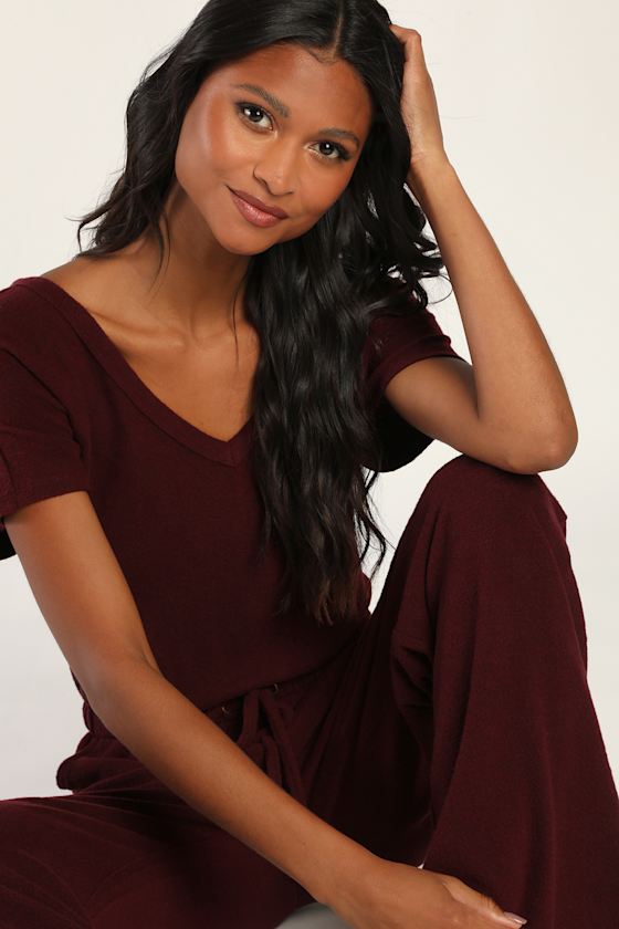 Forever Weekend Burgundy Short Sleeve Wide-Leg Lounge Jumpsuit 3