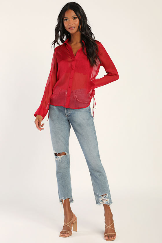 Sheer Sophistication Wine Red Sheer Ruched Button-Up Top 2