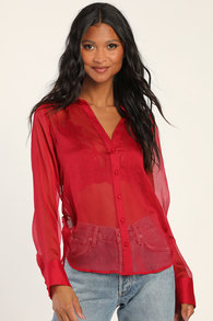 Sheer Sophistication Wine Red Sheer Ruched Button-Up Top