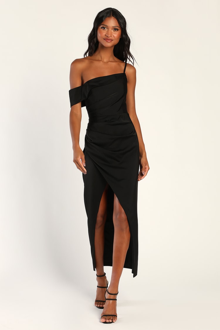 Black Midi Dress - Asymmetrical Dress - One-Shoulder Midi Dress - Lulus