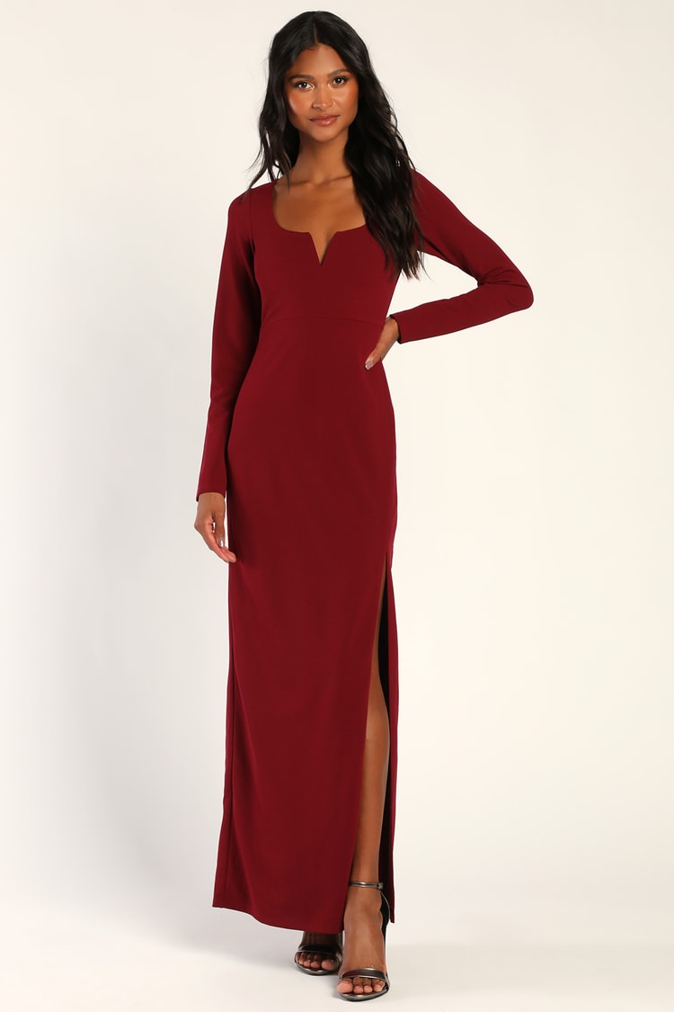 Burgundy Maxi Dress - Long Sleeve Dress - Cutout Backless Dress