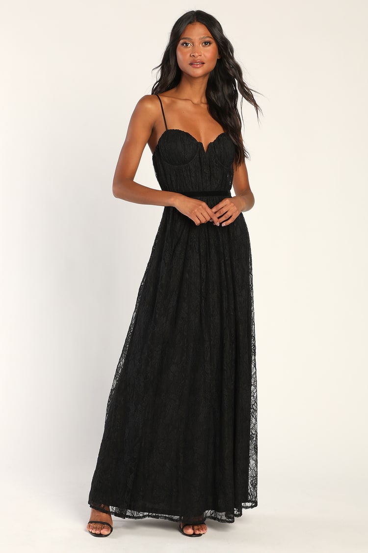 Captured My Heart Black Floral Lace Bustier Maxi Dress