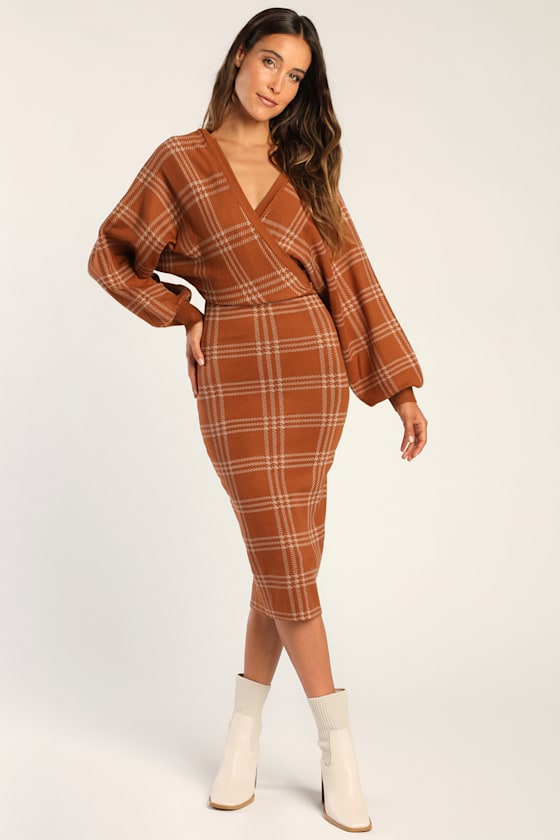 Plaid Your Love Brown Dolman Sleeve Bodycon Midi Sweater Dress 1