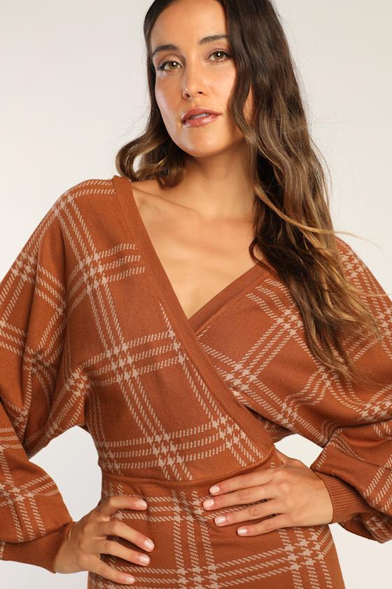 Plaid Your Love Brown Dolman Sleeve Bodycon Midi Sweater Dress 2